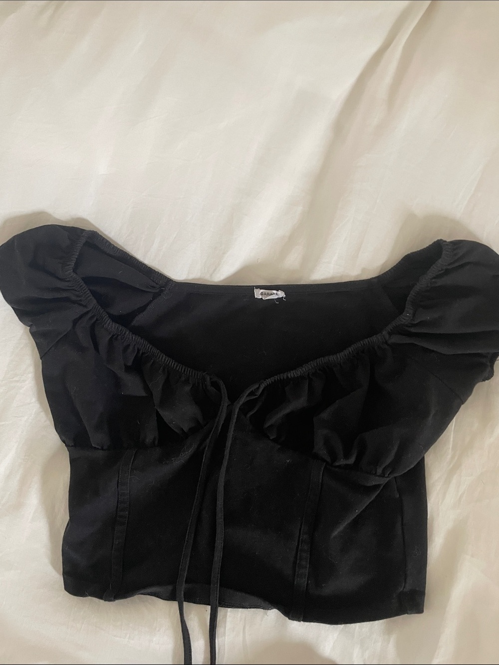 Garage Black Puff-Sleeve Tie Front Crop Top